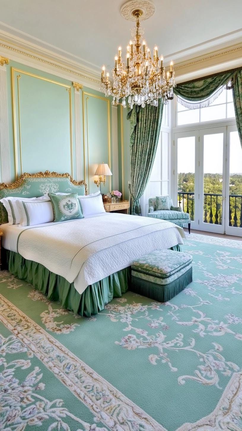 16. Luxurious Bedroom with Sage Green Carpet and Chandeliers - photo 4