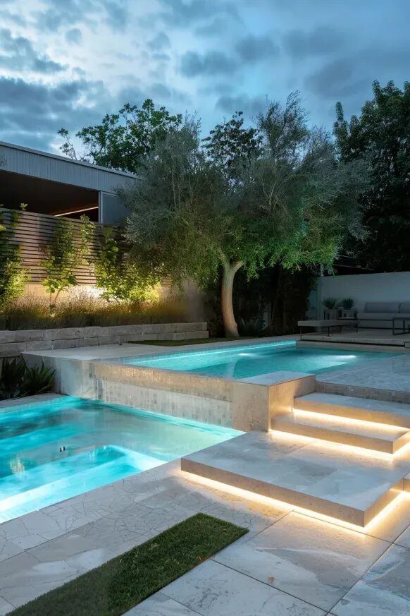 A Sleek Semi Inground Pool with Modern Lighting
