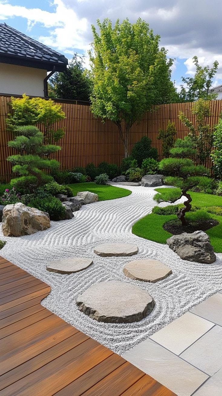 18. Zen Garden Design with Raked Gravel