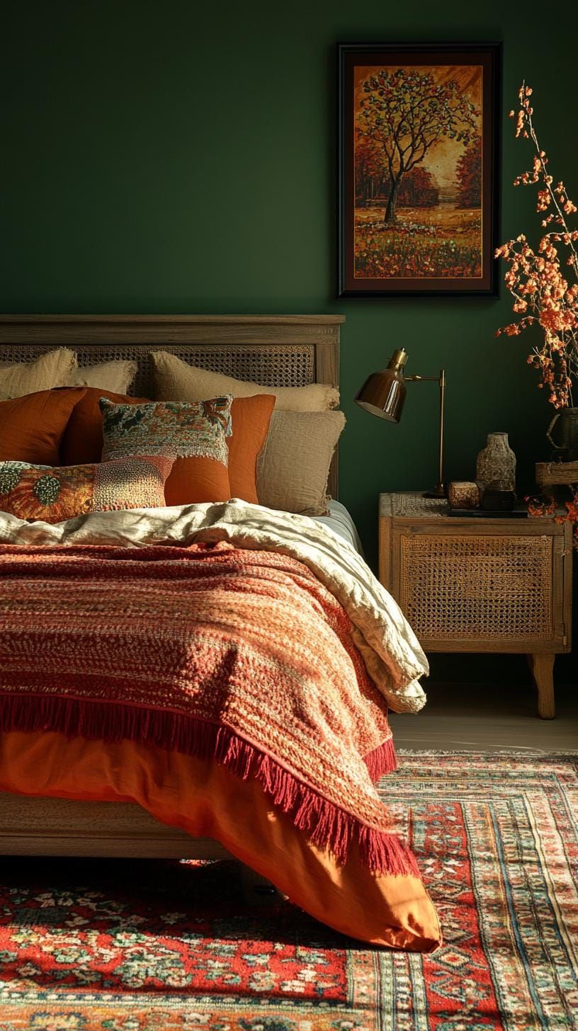 1. Dark Green Walls With Layered Boho Textiles - photo 2