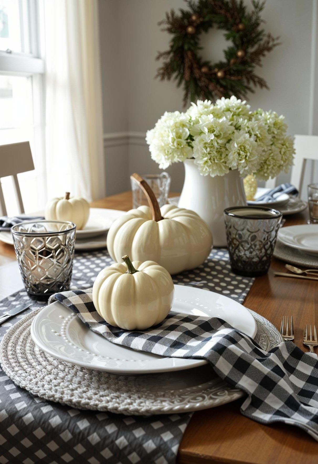 6. Farmhouse Table With Buffalo Check and Cream Pumpkins