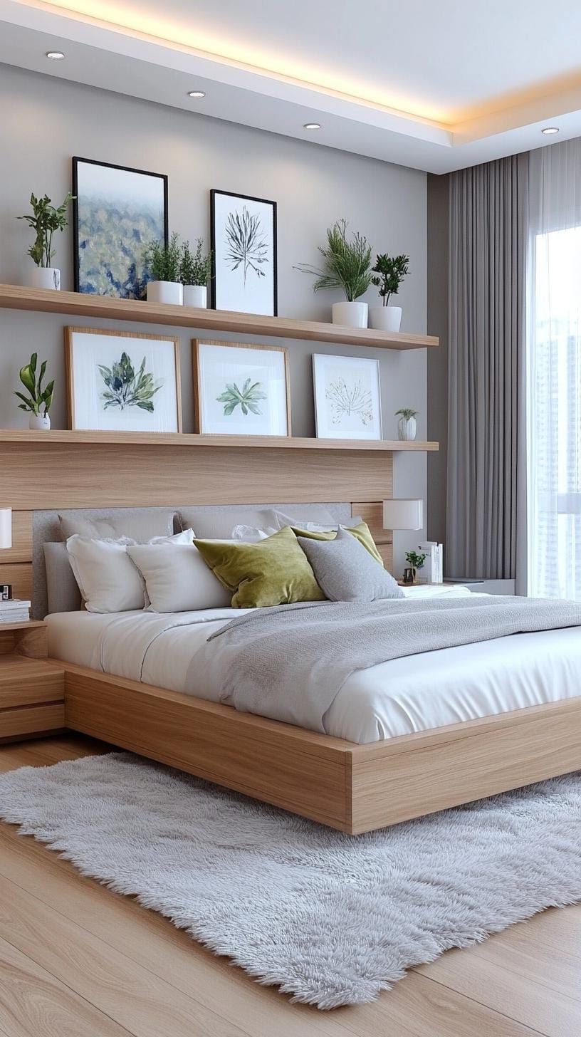 6. Floating bookshelves with framed art above bed