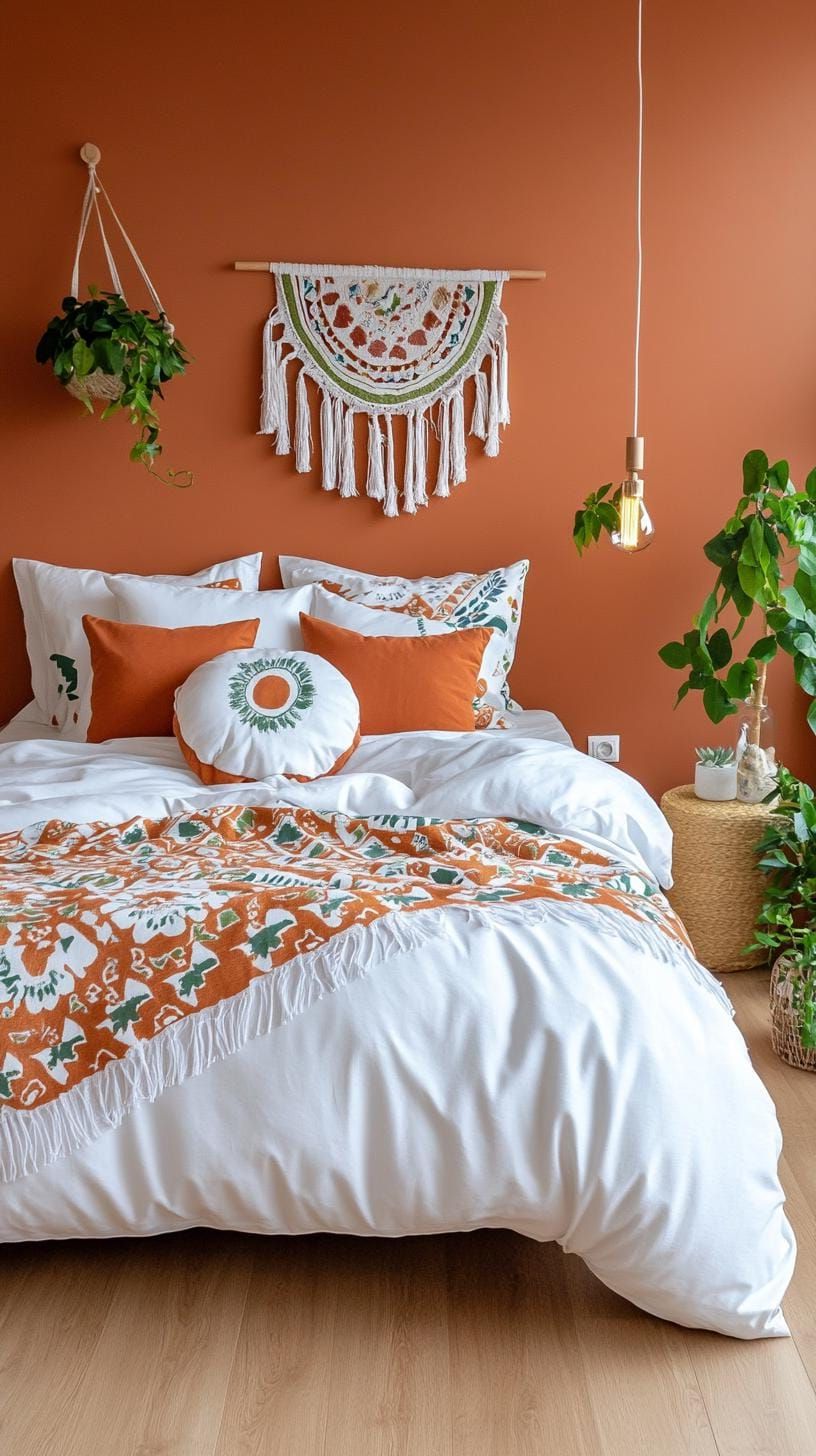 22. Terracotta Walls With A Patterned Bedspread And Cozy Lights