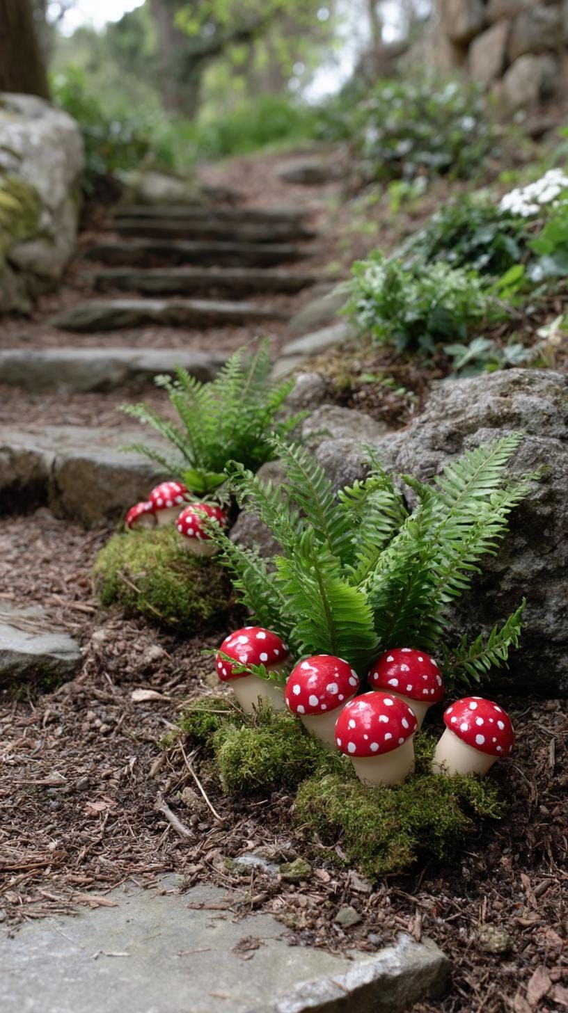19. Red and White Toadstools Along a Stone Path