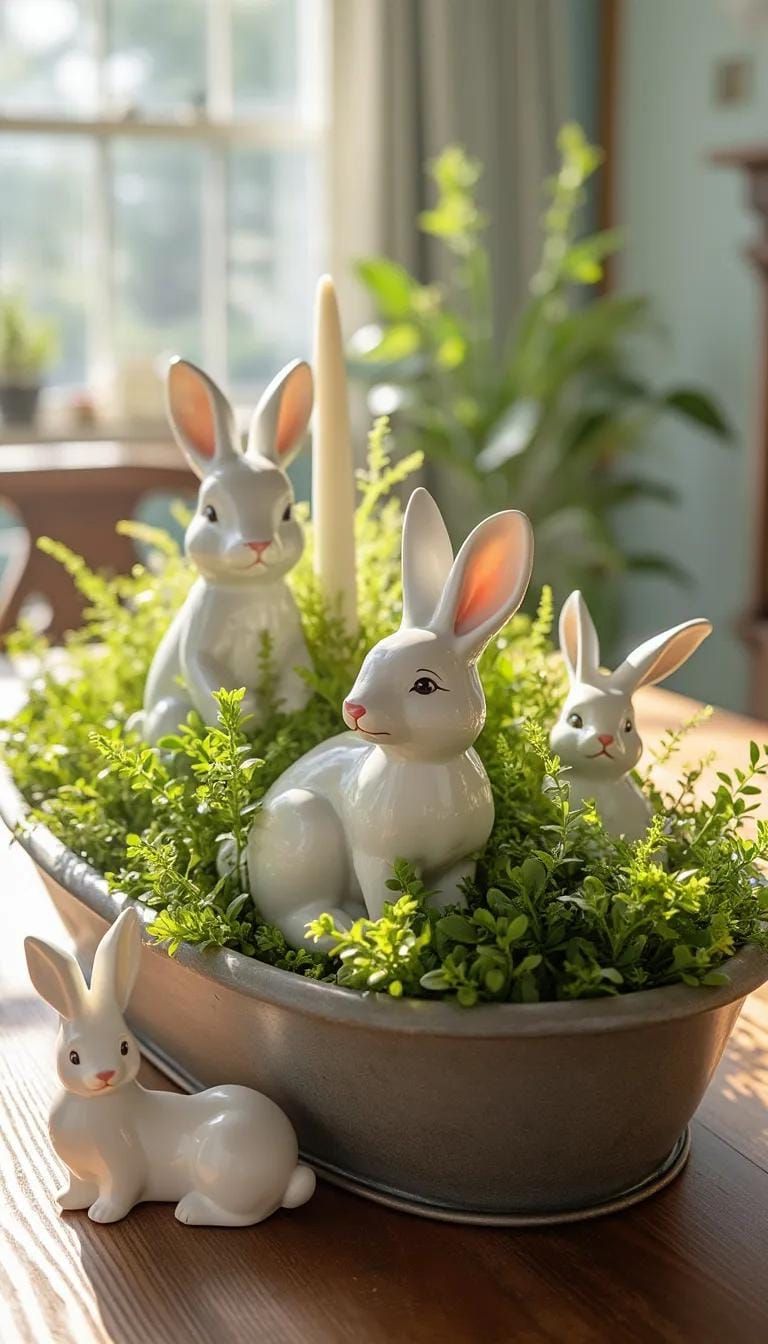 12. Farmhouse Centerpiece With Bunnies And Greenery