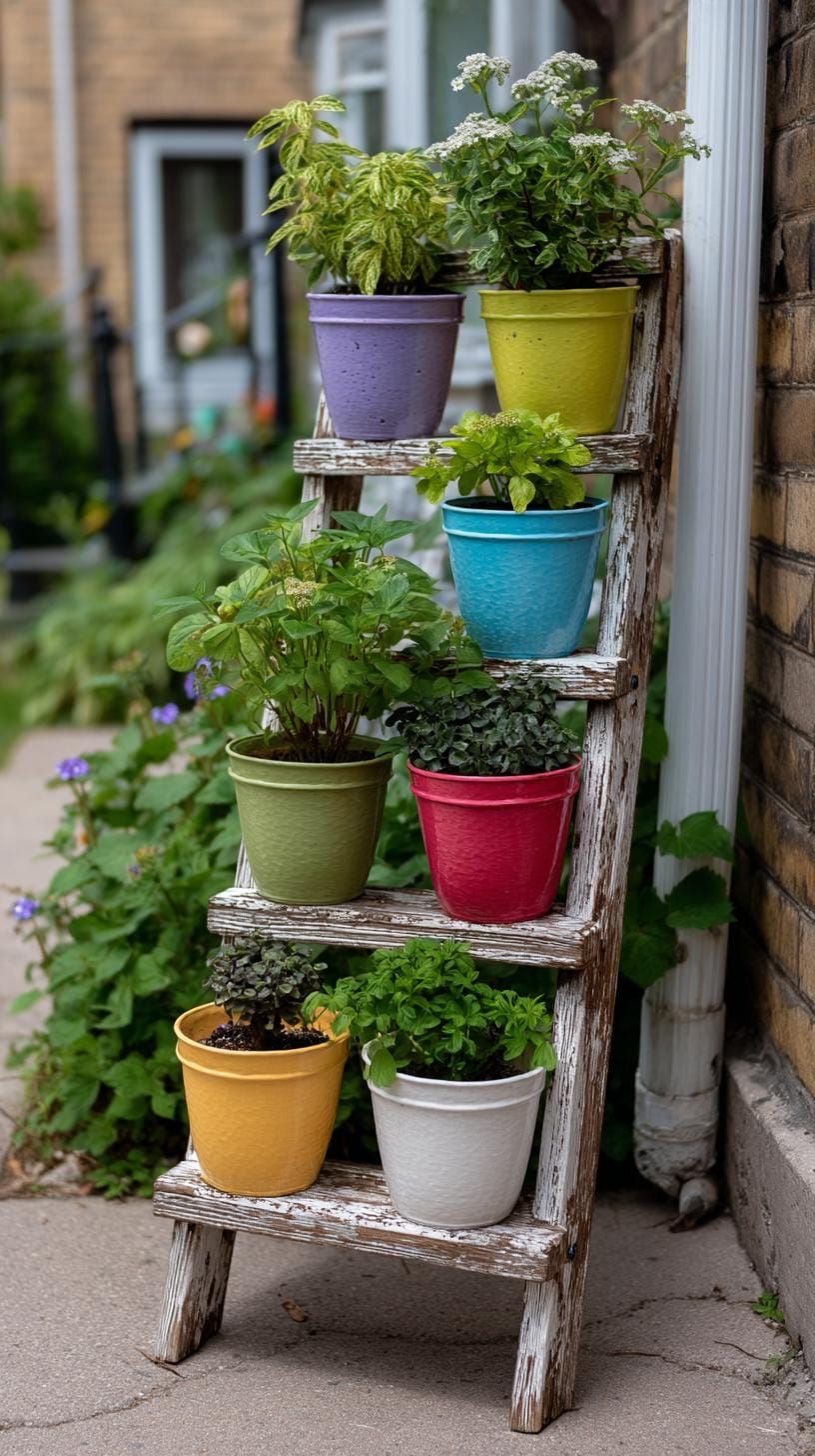 21. An Old Ladder Turned Planter Display