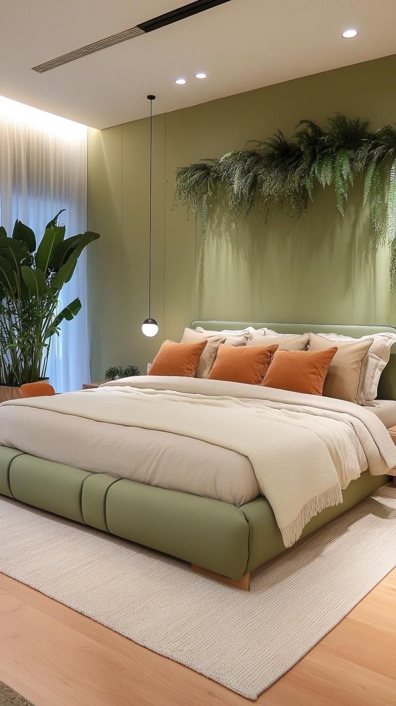 19. Luxurious Olive Green Bedroom with Plush Textures