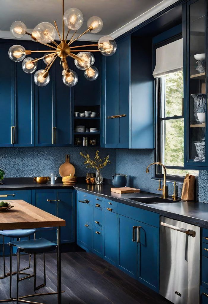 36. Blue Cabinets Paired with Chandeliers