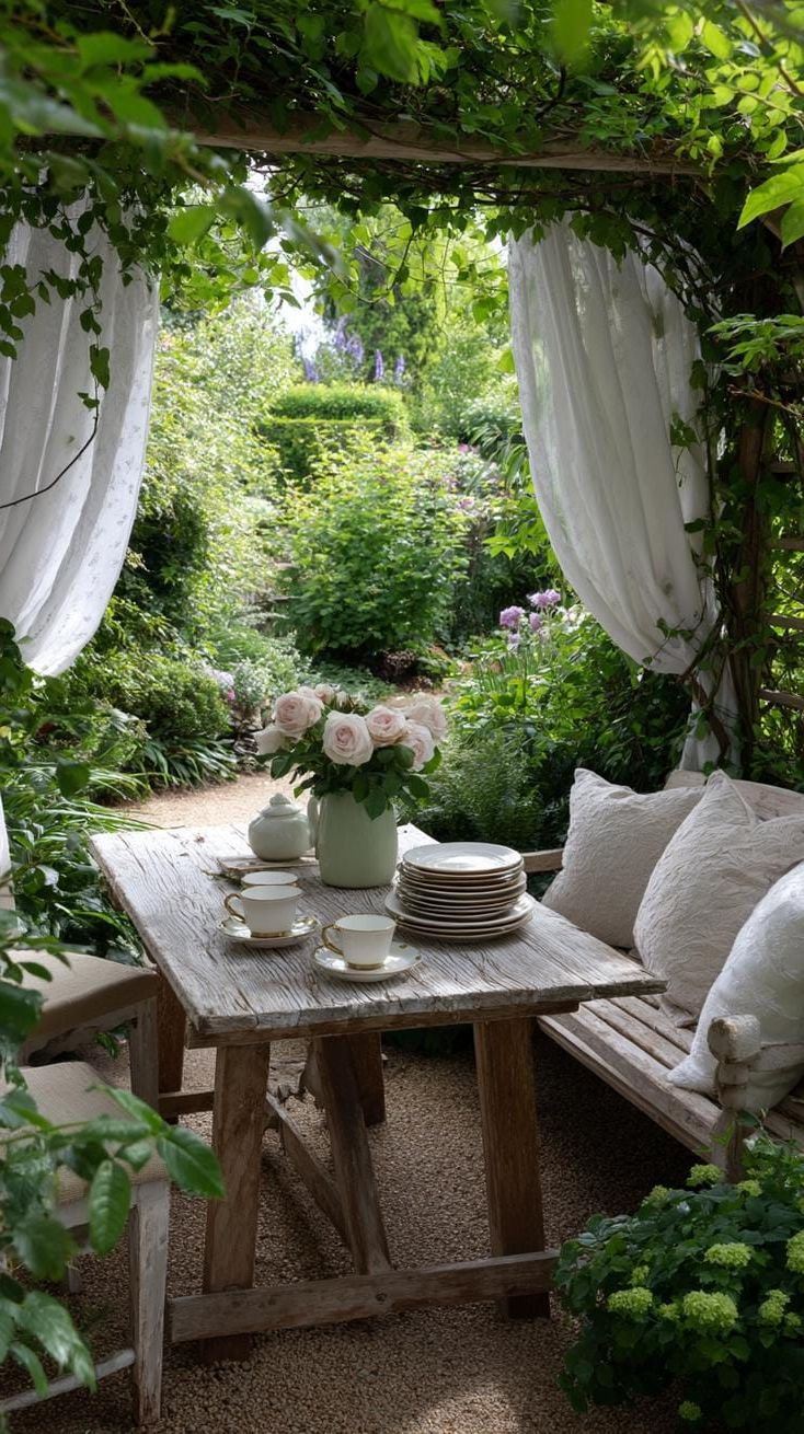 29. Vintage Table Nook Framed by Lace Curtains