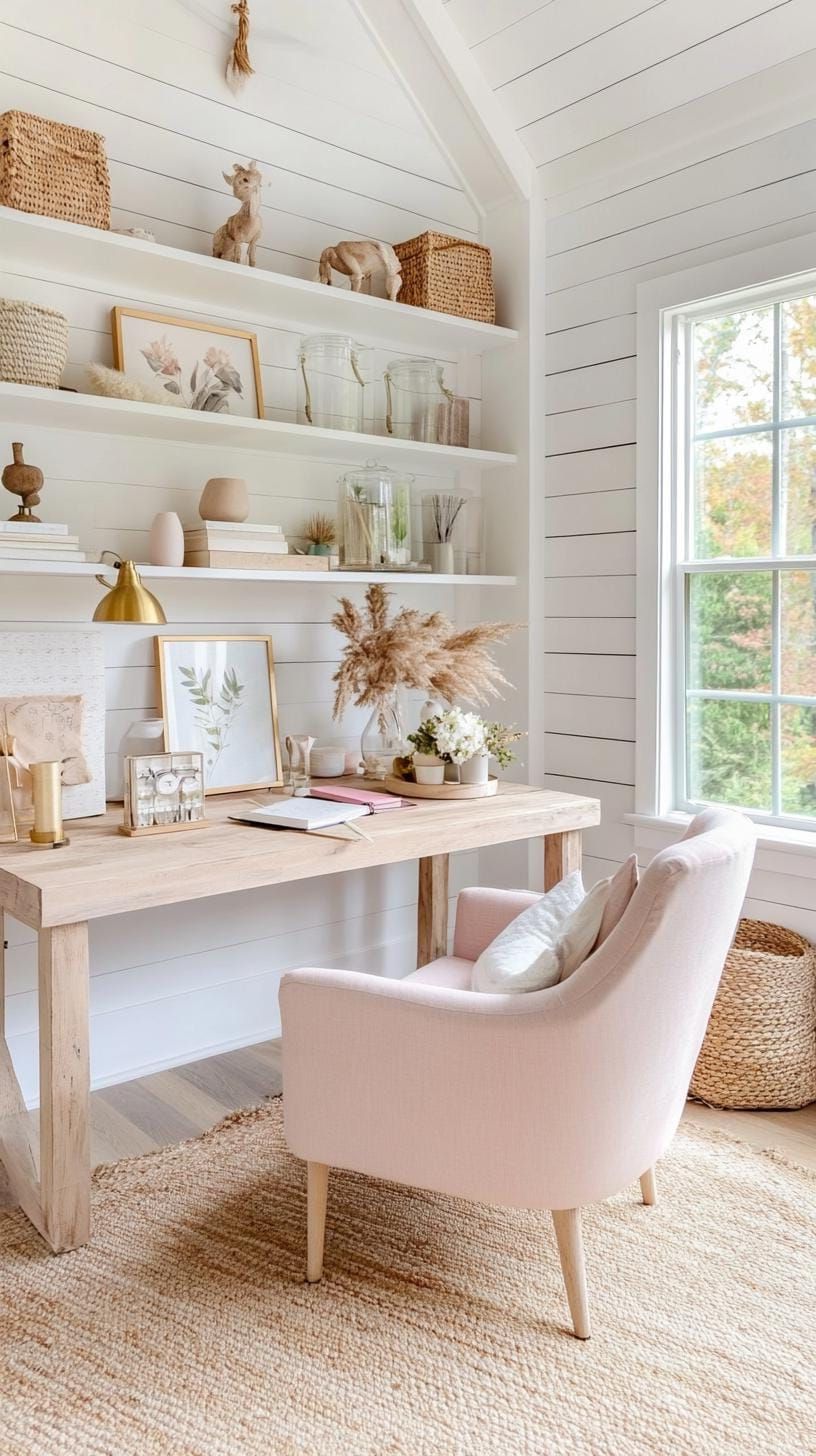 15. White She Shed with Blush Accents and Wingback Chair - photo 3