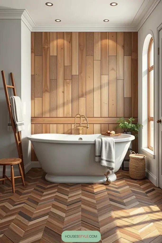 Warm Wood Tile Around a Freestanding Bathtub