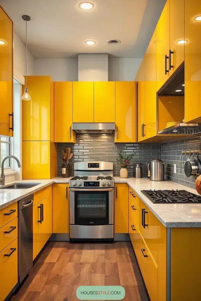 Stainless Steel Accents With Glossy Yellow Cabinets - photo 2