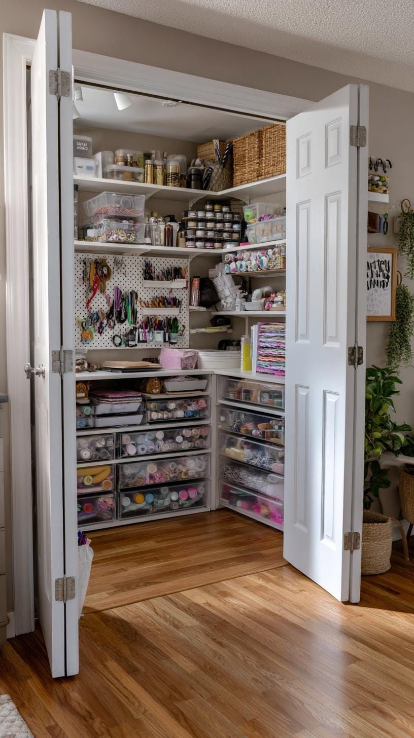 13. Compact Craft Closet With Sliding Doors and Storage