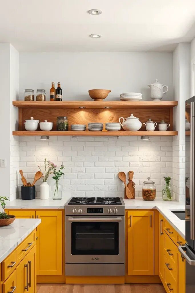 Open Shelving and Yellow Base Cabinets for More Storage