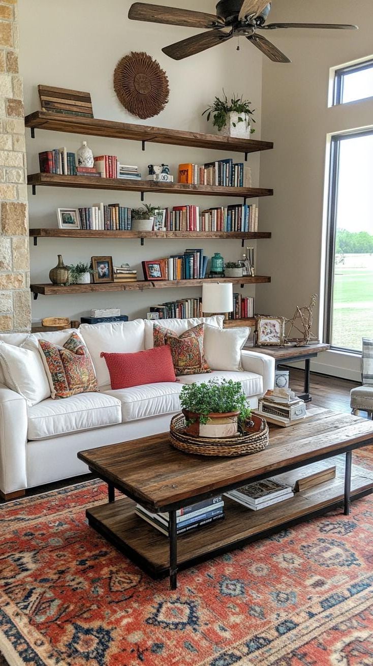 12. Stepped Farmhouse Bookshelves with Eclectic Decor - photo 2