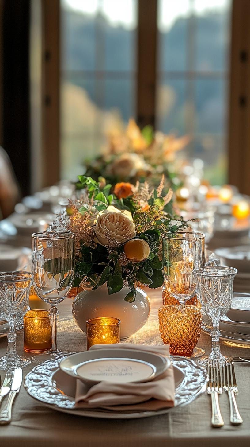 11. Traditional Table With Amber Glass and Fall Flowers - photo 2