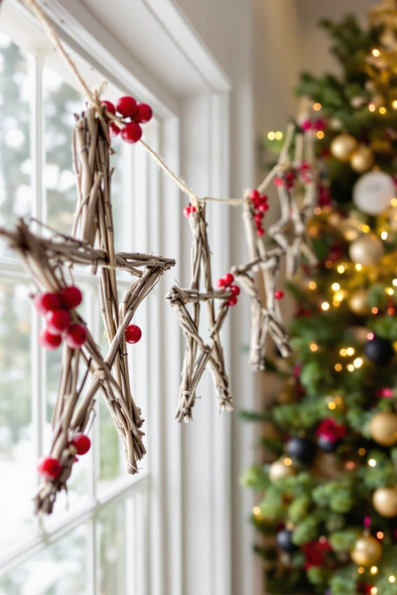 26. Twig star garland with red berries for windows