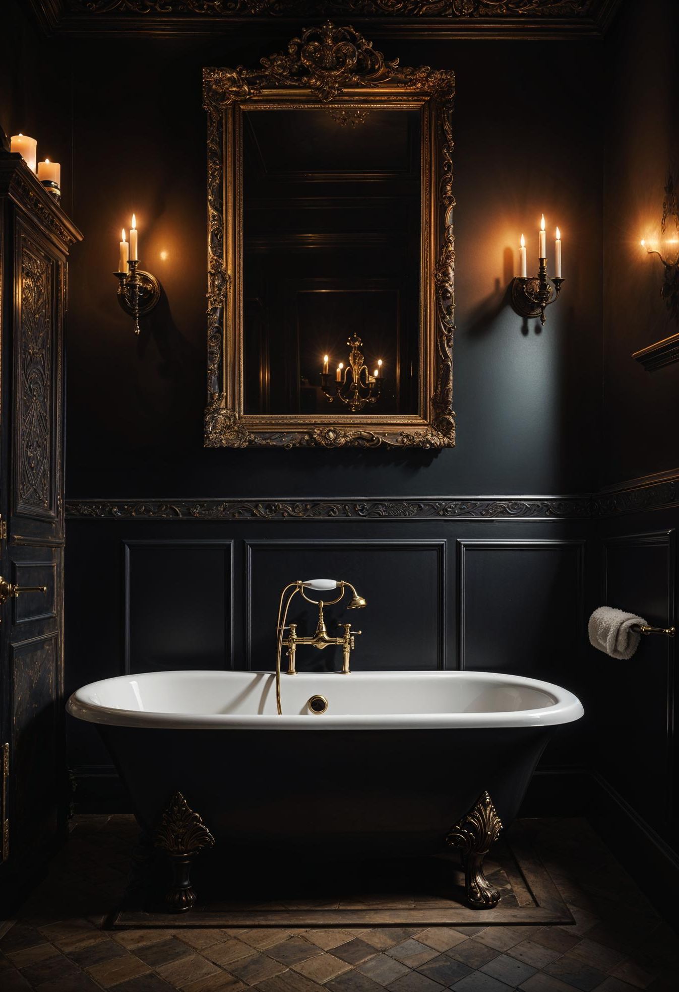 1. Dark Gothic Bathroom Retreat