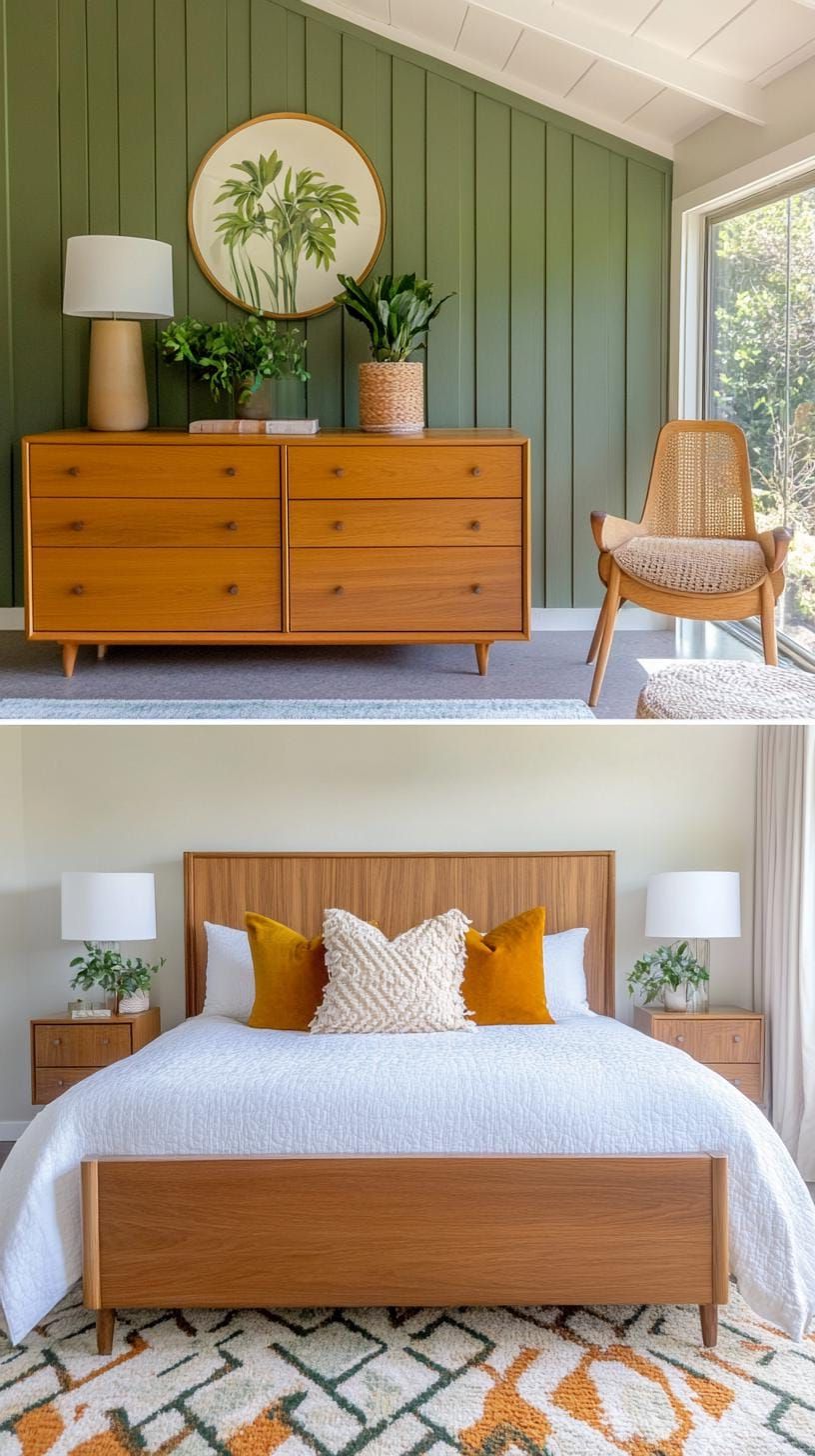 4. Mid-Century Modern Bedroom with Sage Green Textiles and Walnut Furniture - photo 3