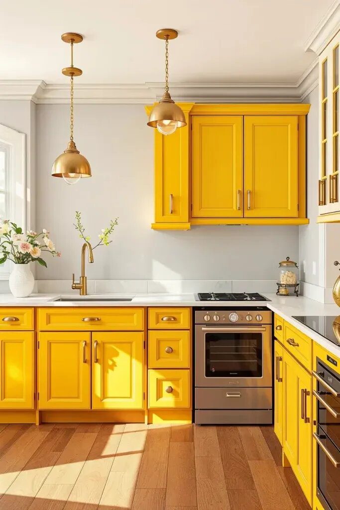 Brass and Gold Fixtures Paired With Yellow Cabinets