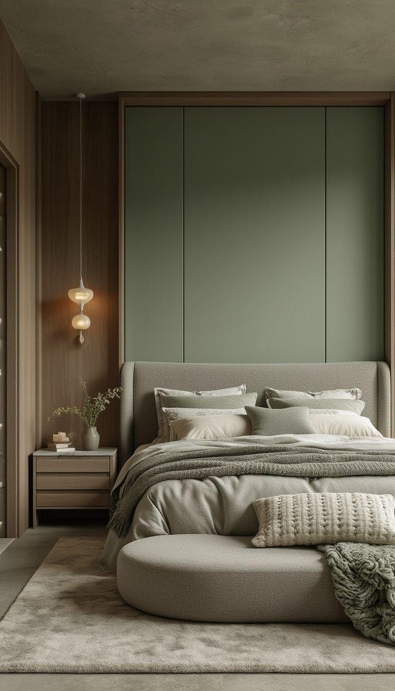 24. Neutral Bedroom Base Highlighted with Smokey Sage Green