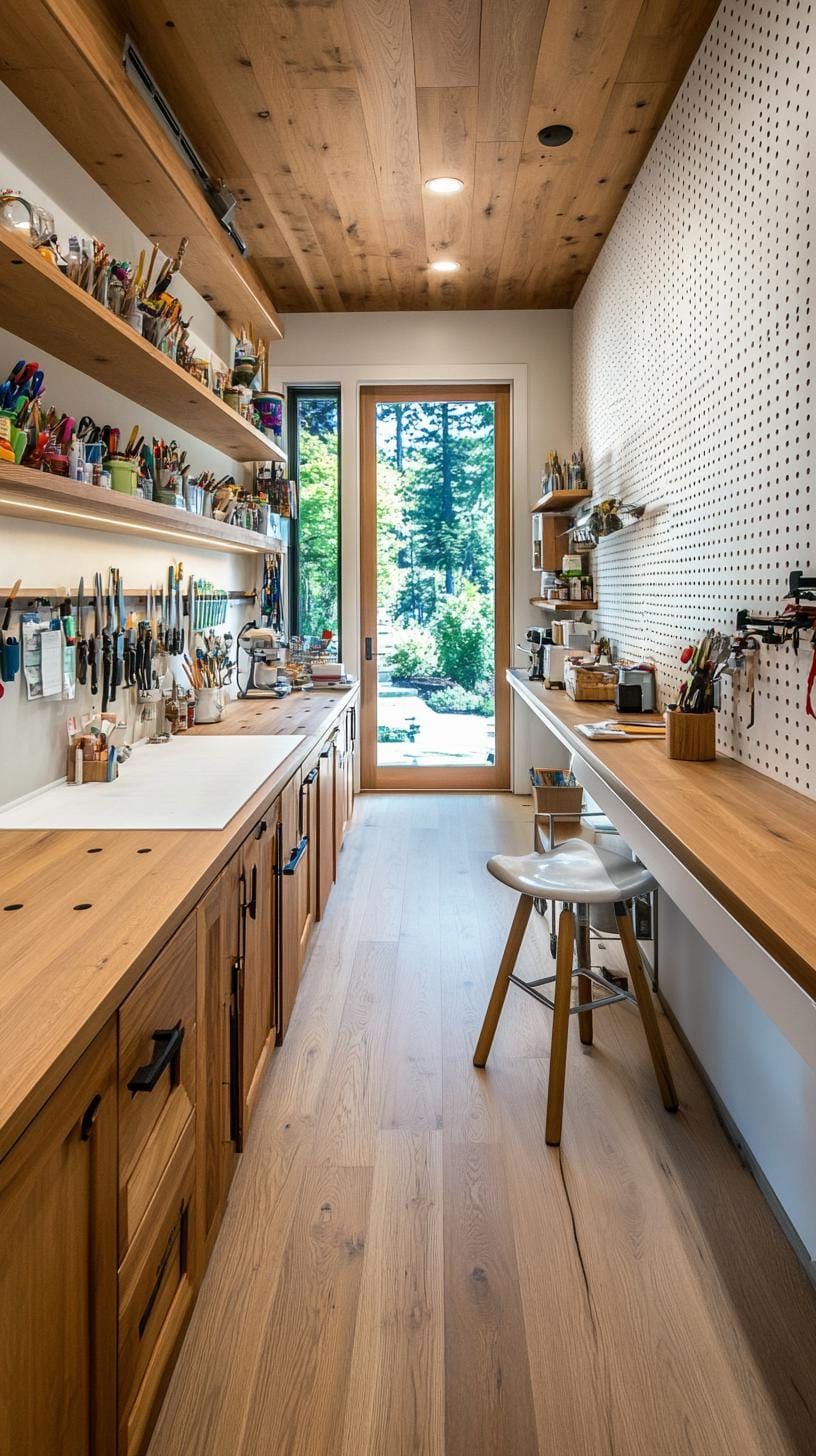 15. Narrow Craft Room With a Long Worktable and Pegboard