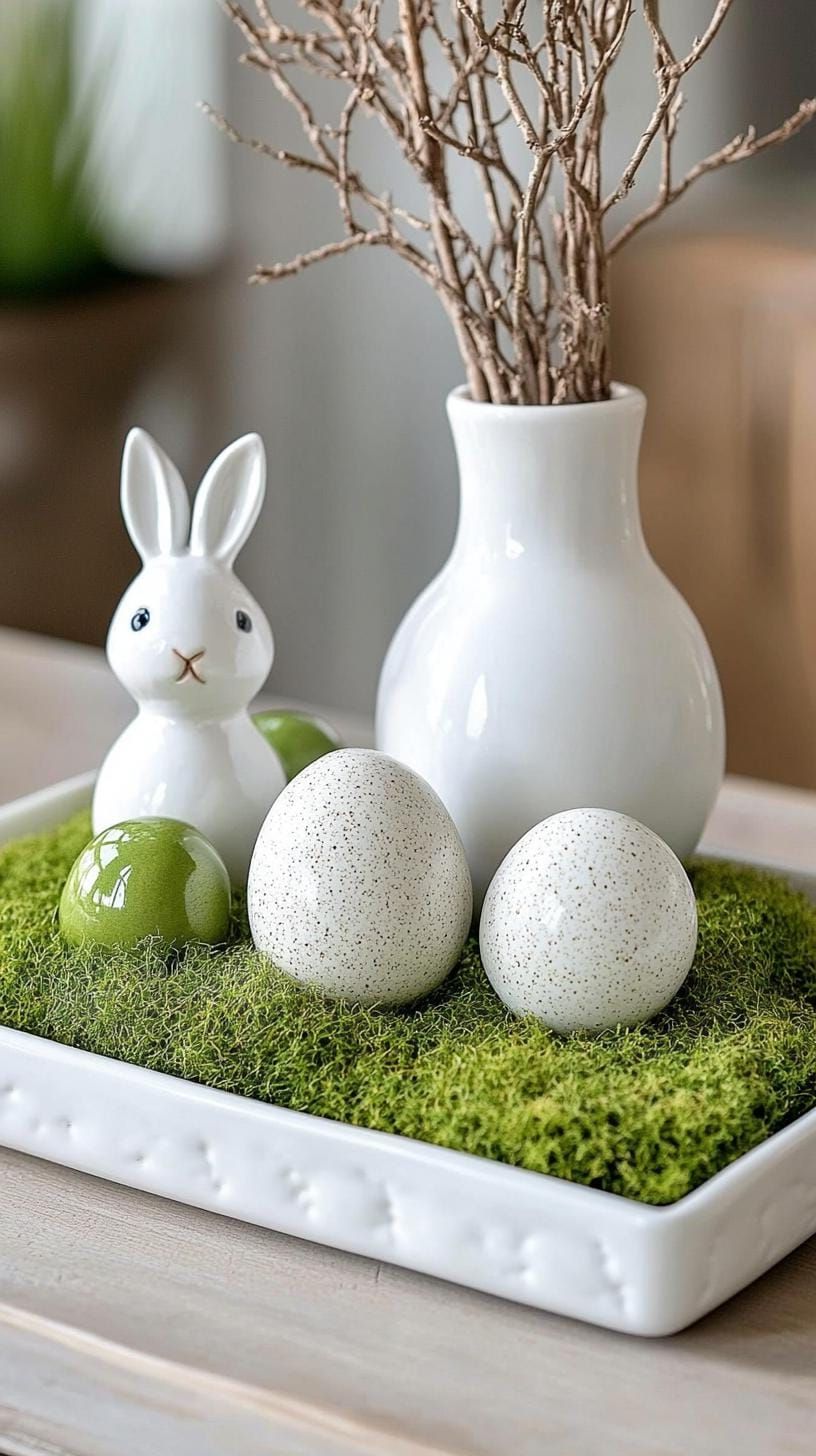 18. Ceramic Bunnies And Eggs On A Moss Tray