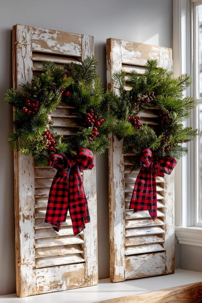 28. Wood shutters with wreath and plaid ribbon accents - photo 2