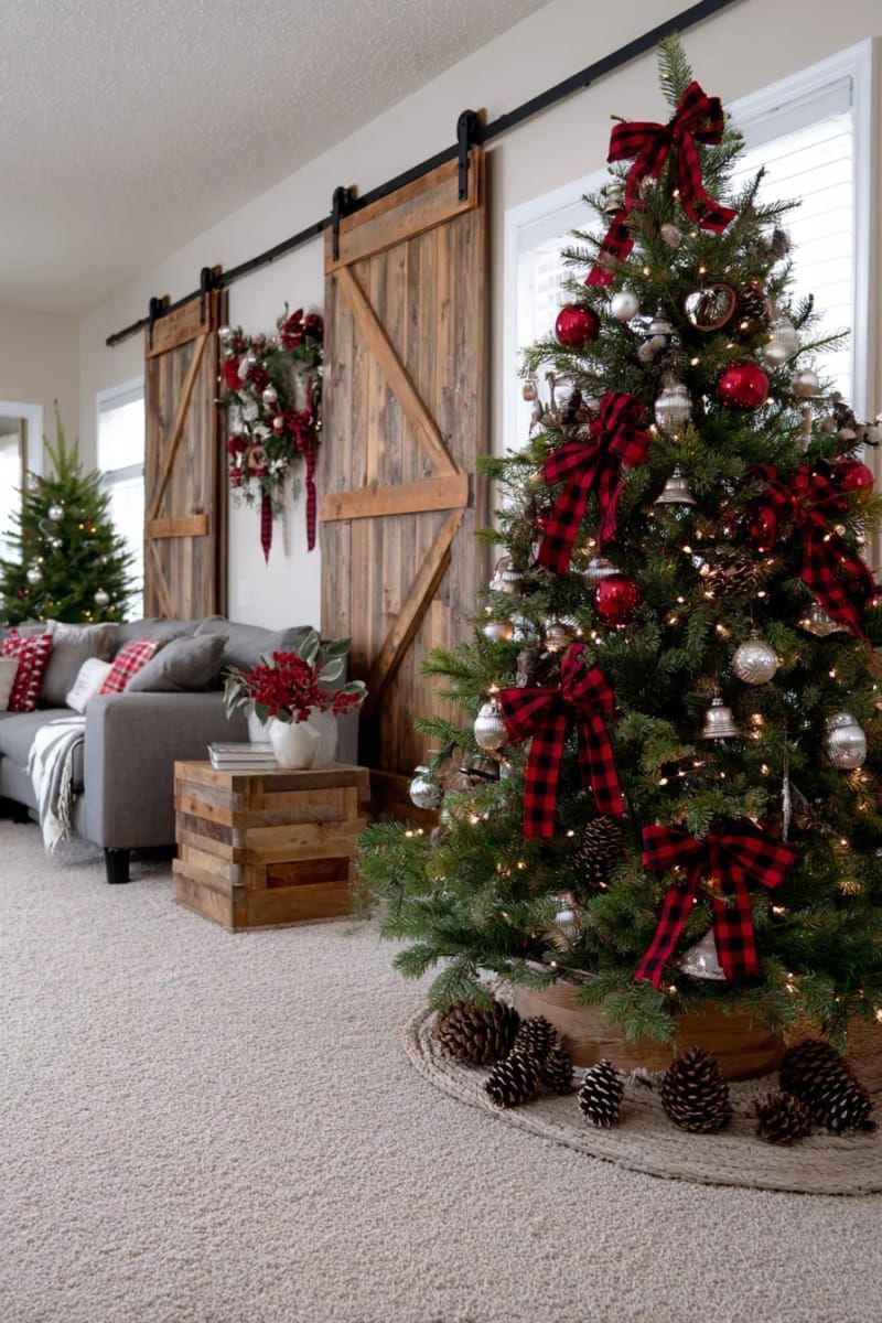 21. Barn door wall art with bells and plaid ribbon - photo 2