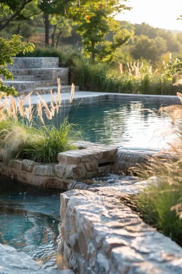 A Semi Inground Pool with Stone Details and a Water Feature