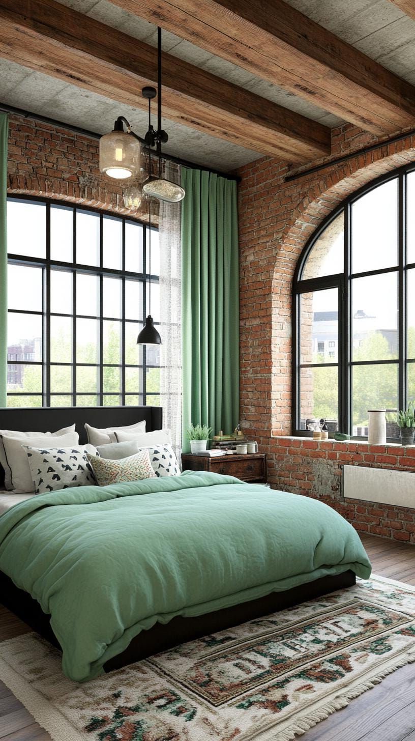 8. Industrial Chic Bedroom with Sage Green and Distressed Metal