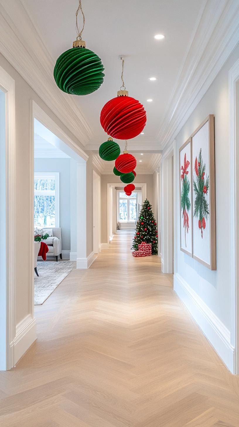 10. Red and green ornaments in a zigzag ceiling display