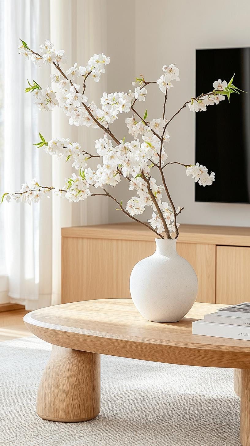 7. Low Oak Furniture with an Ikebana Centerpiece
