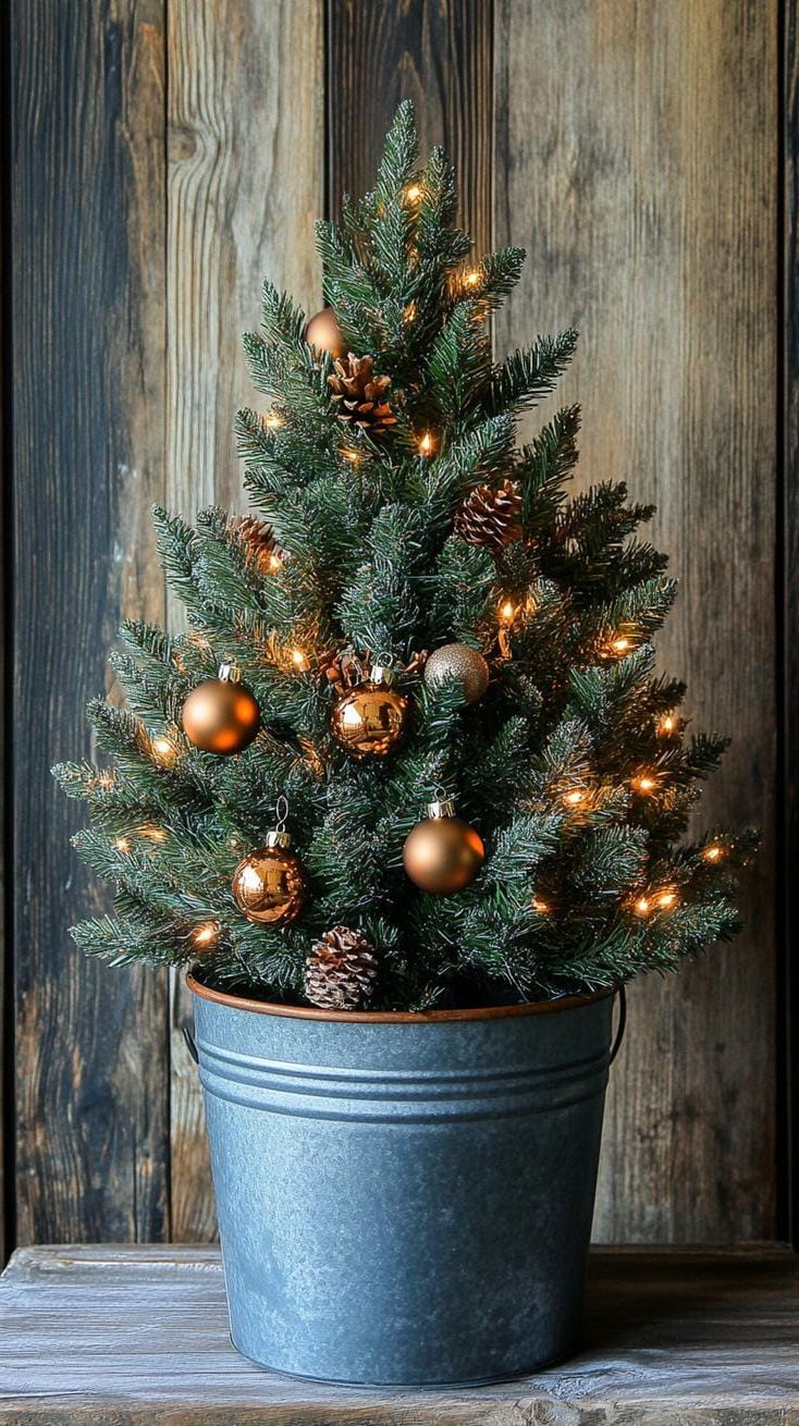2. Vintage Bucket Potted Tabletop Tree