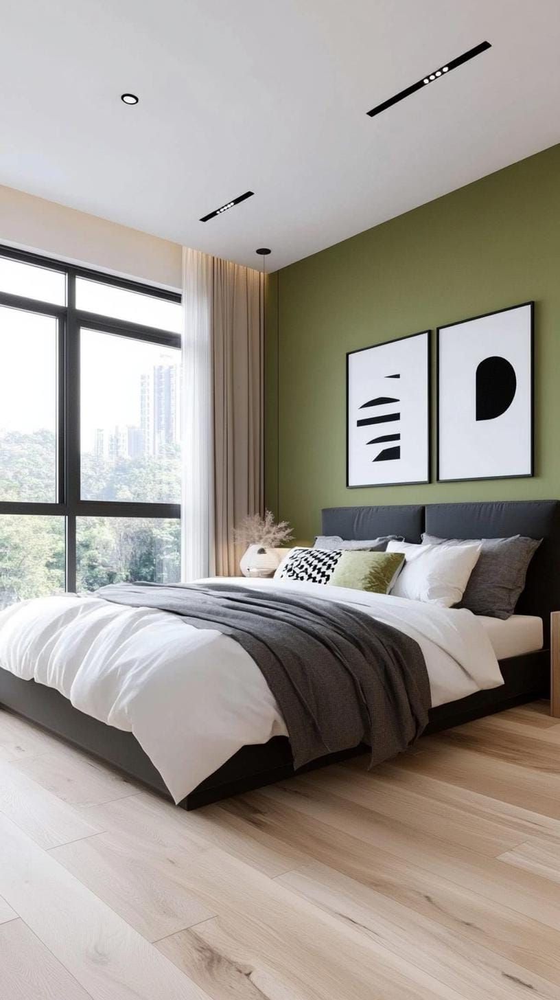 20. Olive Green and Black Minimalist Bedroom