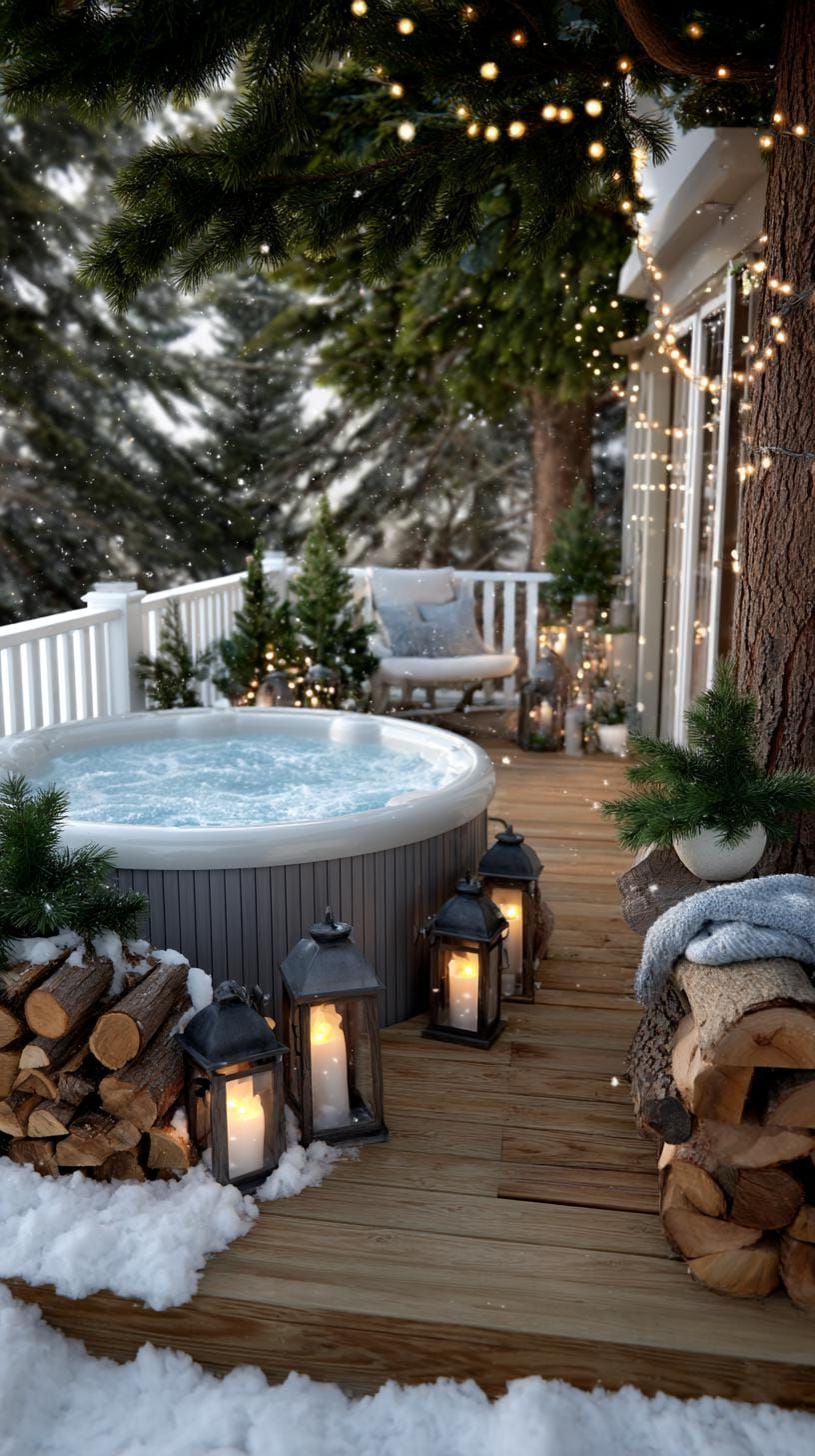 26. Escape to a Winter Wonderland Hot Tub with Snow and Cozy Firewood Decor - photo 3