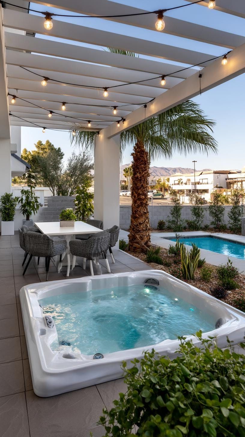 5. Relaxing Hot Tub Oasis with a Stylish Pergola and Twinkling String Lights