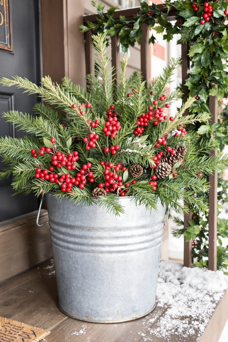 17. Outdoor galvanized bucket filled with pine and berries - photo 2