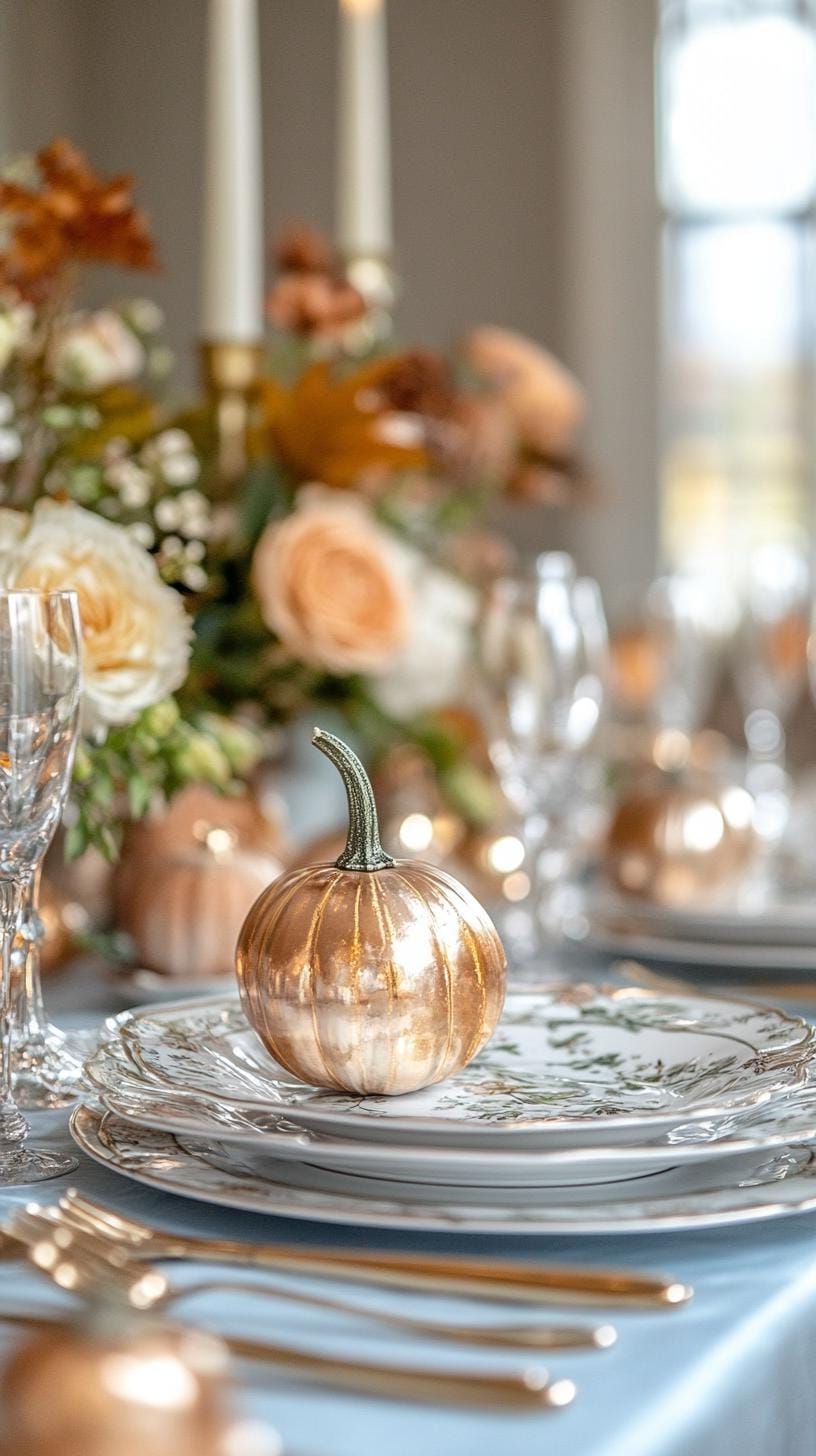 7. French Country Table With Pale Blue Linens and Gourds