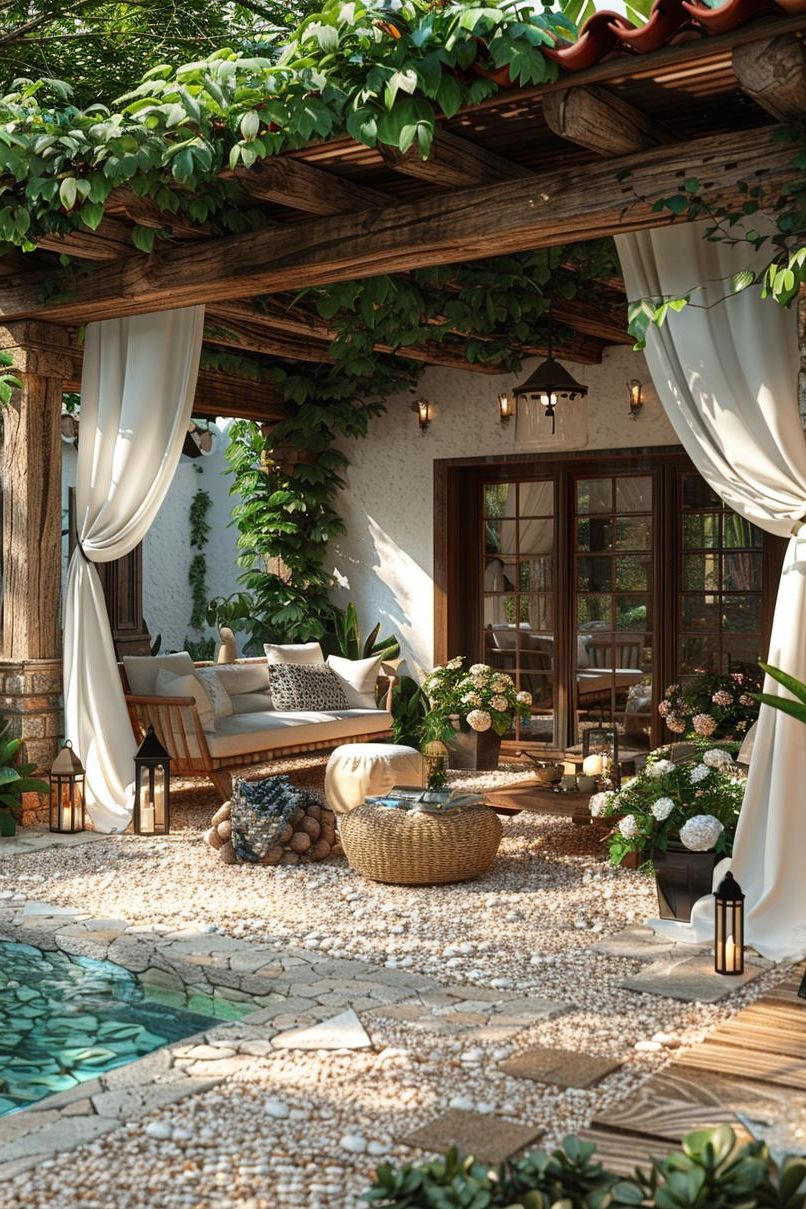 3. Wooden Pergola with Draped Fabric