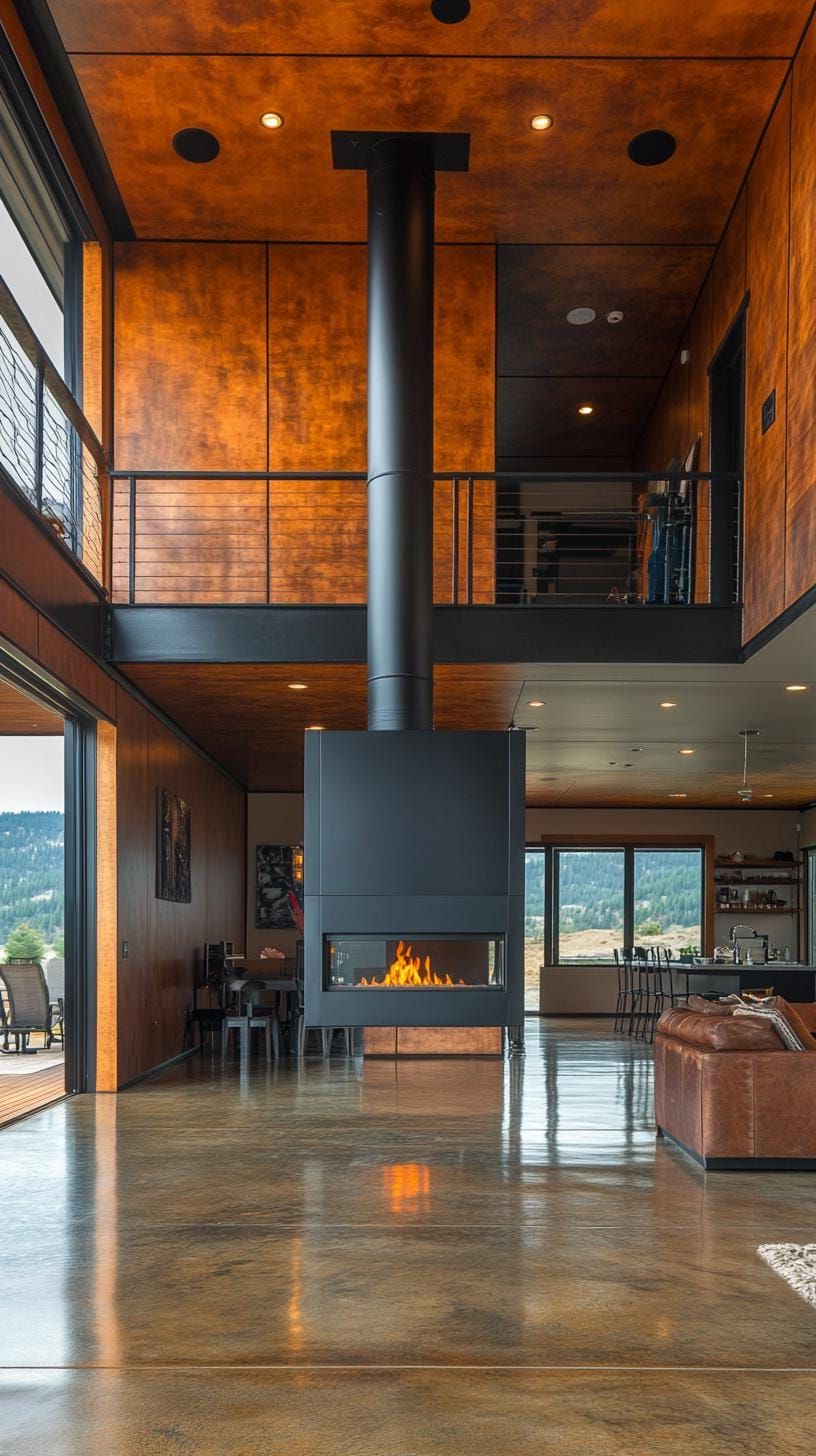 18. Suspended black metal fireplace in open-concept living