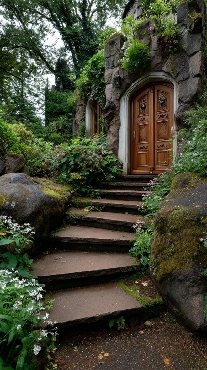 3. Mossy stone steps leading to a fairytale door - photo 2