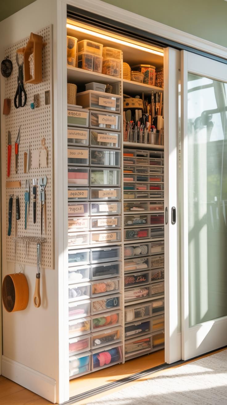 13. Compact Craft Closet With Sliding Doors and Storage - photo 2