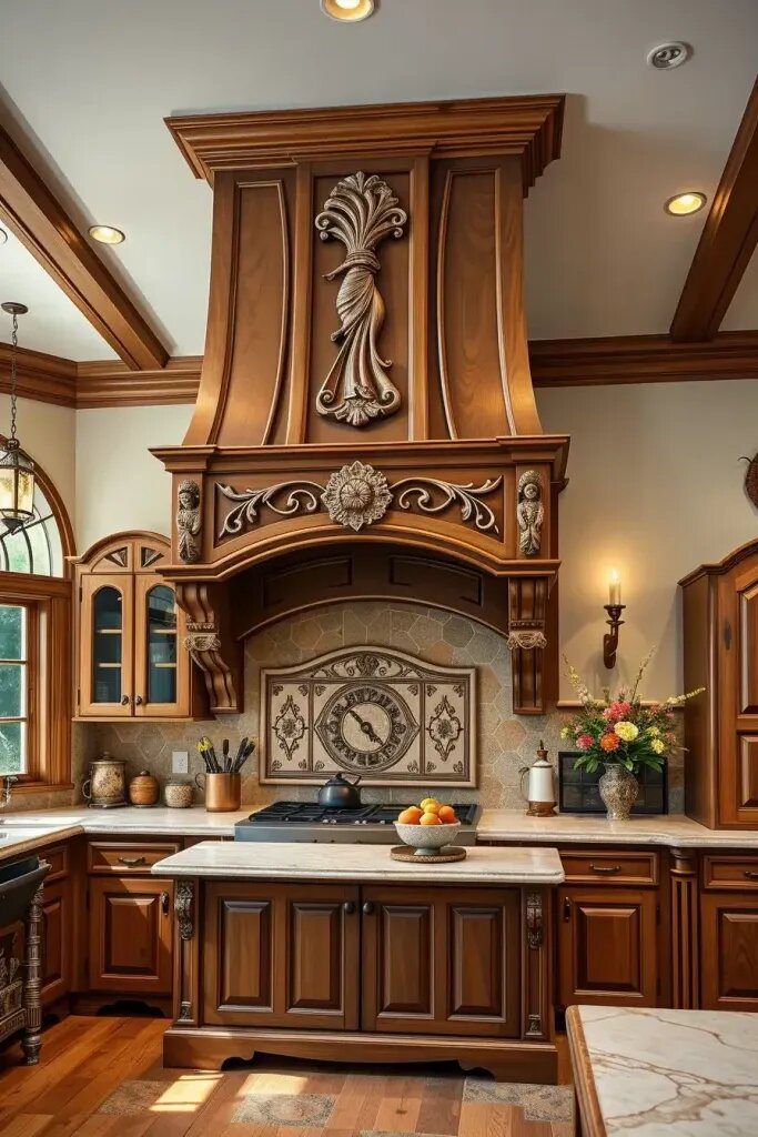Carved Wood Range Hoods as Kitchen Focal Points