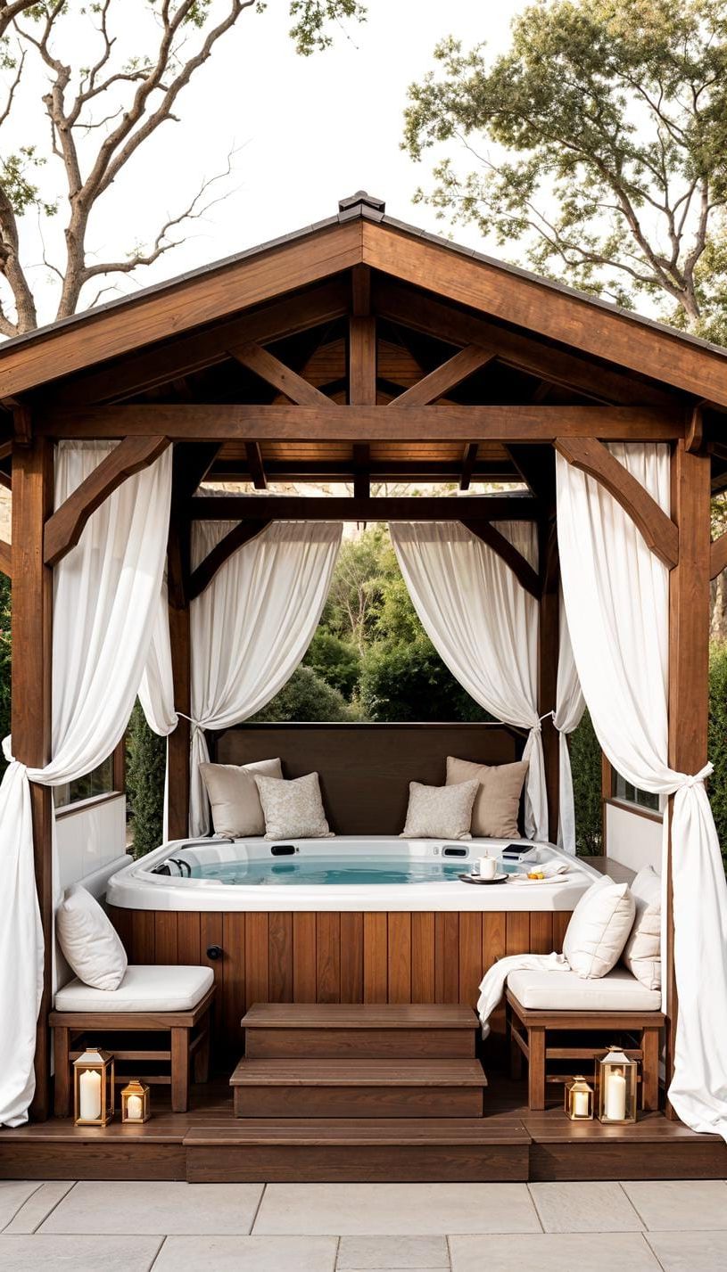 14. Relax in a hot tub under a cozy gazebo with beautiful sheer curtains. - photo 4