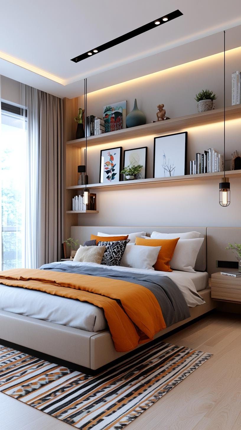6. Floating bookshelves with framed art above bed - photo 3