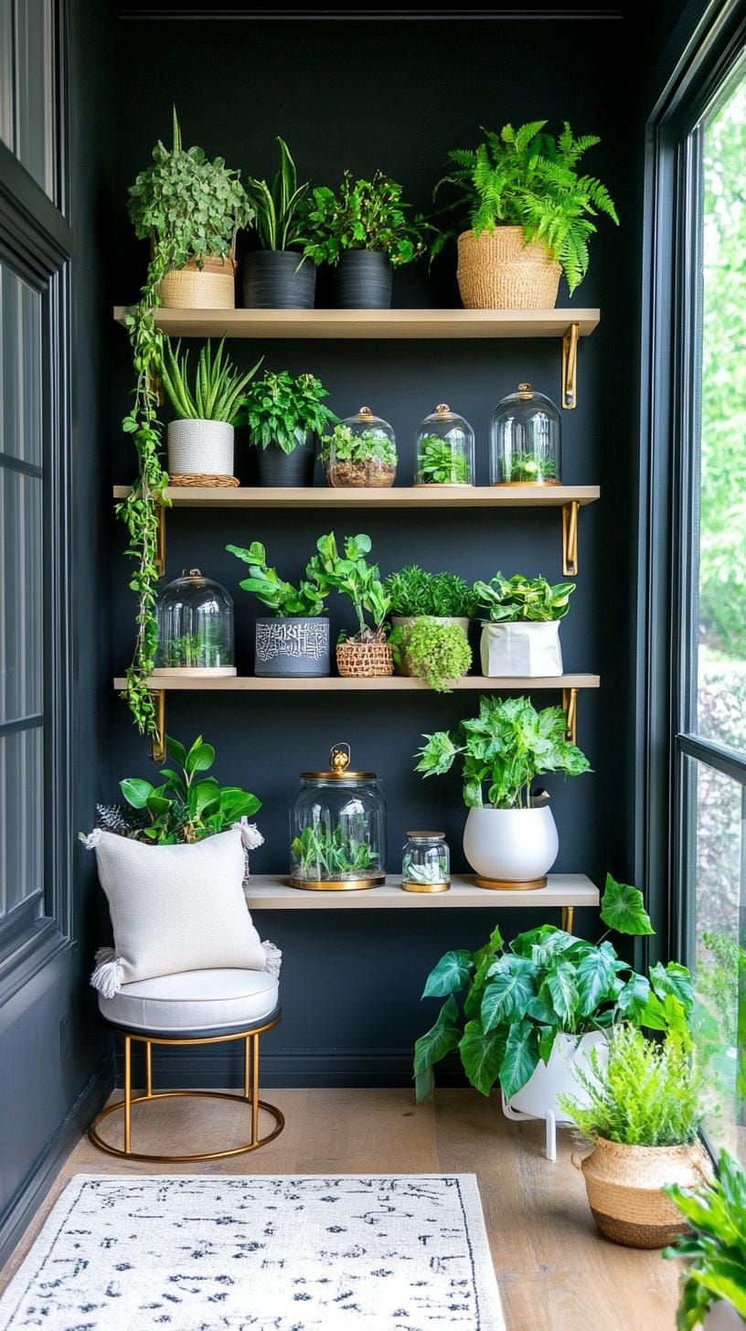 7. Botanical She Shed with Black Walls and Plant Shelves - photo 4