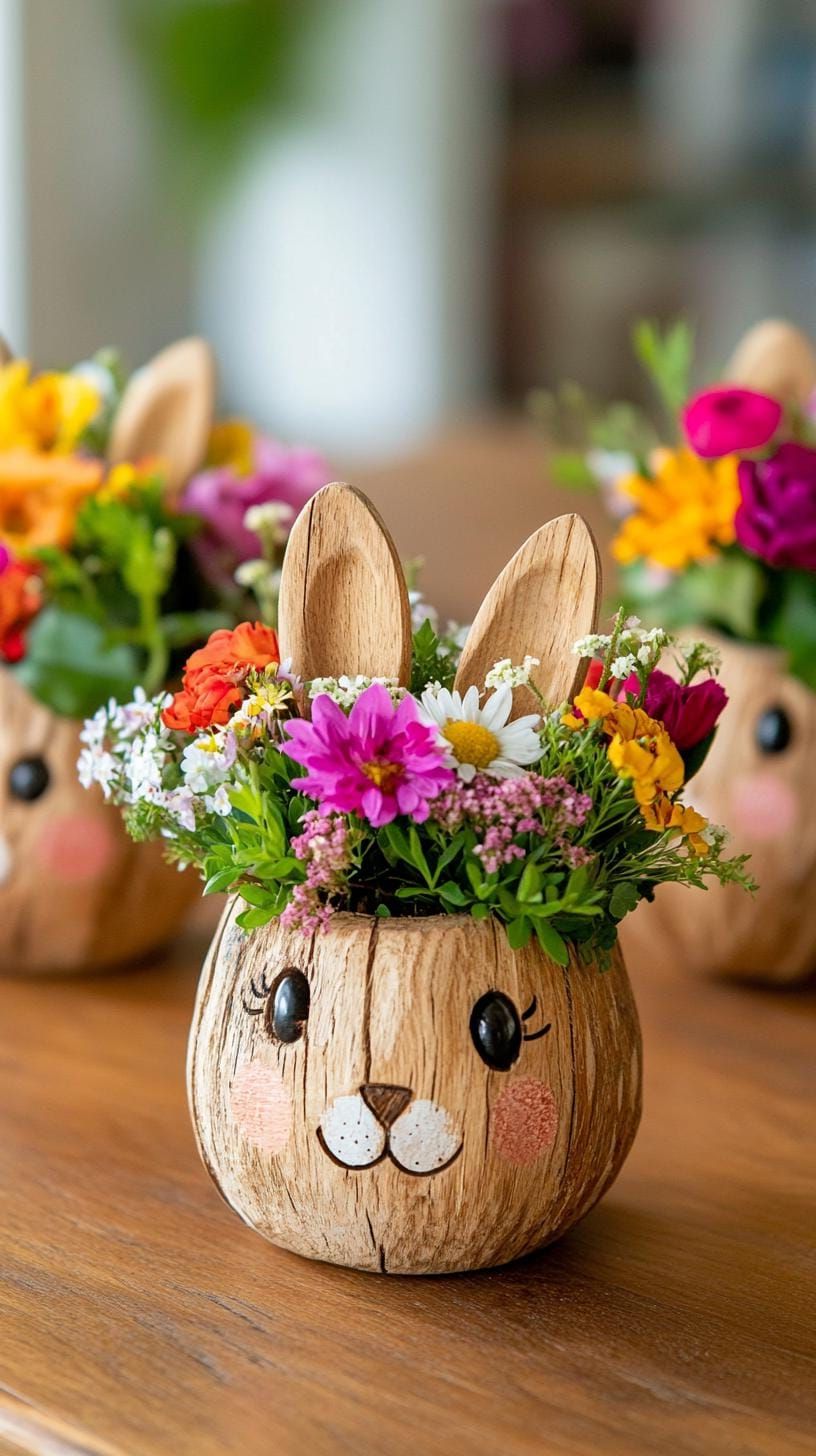 7. Rustic Wooden Bunny Planters With Flowers - photo 3
