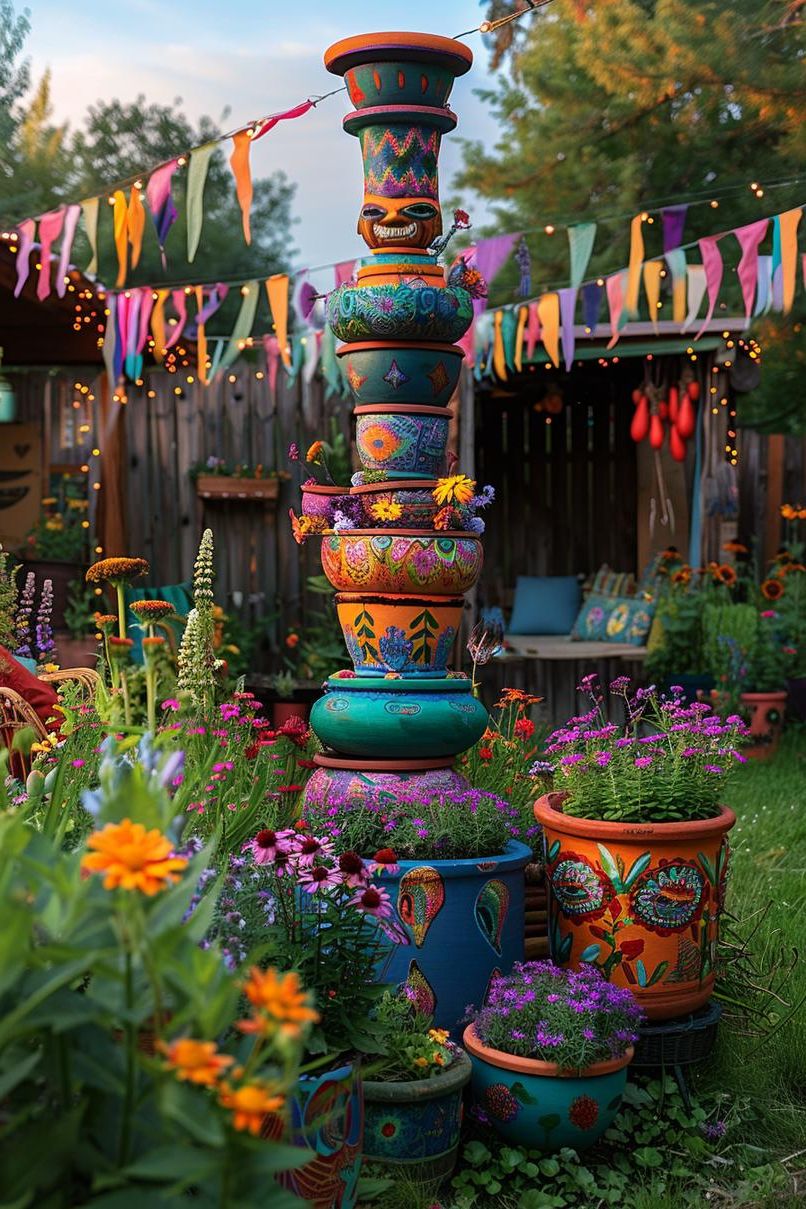 19. Clay Pot Totem Pole Designs