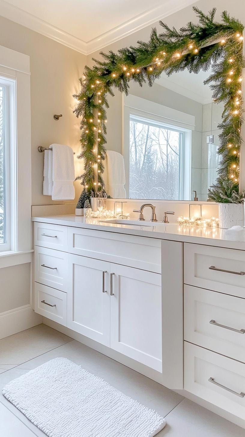 5. Warm Light and Pine Garland Over the Mirror